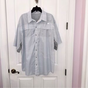 Men's Blue & White waves dotted collared button down short sleeve shirt 2XL